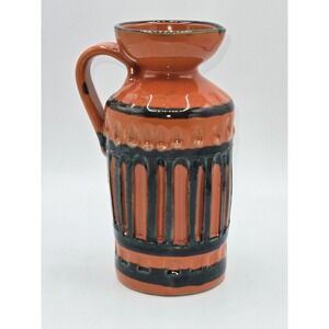 Bitossi Italy Ceramic Pitcher‎ Vase Orange Black Drip Glaze Ribbed 7" MCM